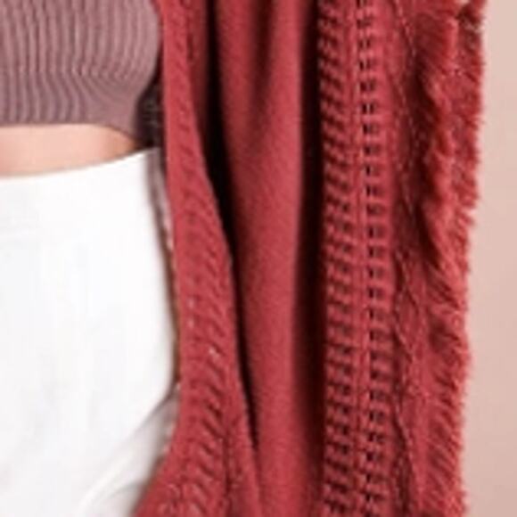 Rust Open Work Frayed Border Bohemian Ruana Shawl Wrap - Picture 3 of 3